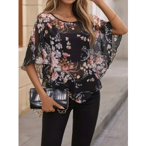 MDB Kadın Kısa Kollu Yuvarlak Yaka çiçek Baskılı Asimetrik Kesim şifon Bluz