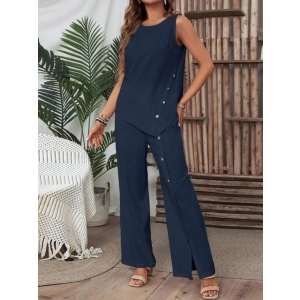 MDB Kadın Kolsuz Düğmeli Asimetrik Detaylı Bürümcük Bluz Ve Pantolon Takım