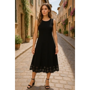 MDB Kadın Kolsuz Etek Ucu Lazer Kesim çiçek Desenli Midi Boy Ithal Krep Elbise