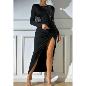 MDB Kadın Krep Dalgıç Kumaş Taş Aksesuarlı Yırtmaç Detaylı Uzun Kollu Elbise