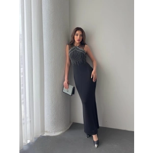 MDB Kadın Omuz çoklu Askılı önü Taş Işlemeli Balık Kesim Janjan Krep Maxi Boy Elbise