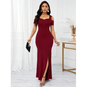 MDB Kadın Omuzlardan Açık Askılı Yırtmaç Detaylı Uzun Ithal Krep Elbise