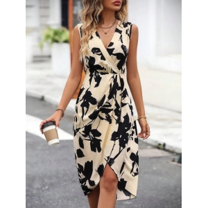 MDB Kadın Sıfır Kol Kruvaze Yaka önden çapraz Kesim Detaylı Desenli Oysho Süprem Elbise