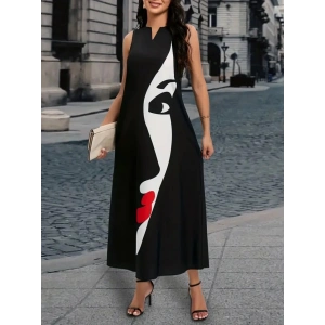 MDB Kadın Sıfır Kol V Yakalı Kadın Yüz Desenli Süprem Elbise