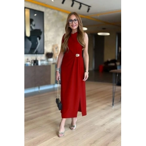 MDB Kadın Sıfır Kollu Bisiklet Yaka Belden Büzgülü Yırtmaç Detaylı Janjan Krep Elbise