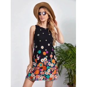 MDB Kadın Sıfır Kollu Bisiklet Yaka çiçek Desenli Süprem Mini Elbise