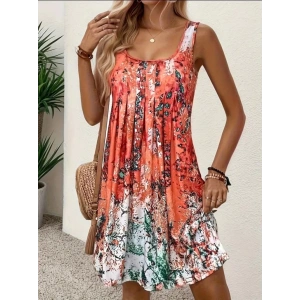 MDB Kadın Sıfır Kollu Kare Yaka önden Pileli Salaş Süprem Elbise