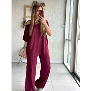 MDB Kadın Tek Omuzdan Açık Geniş Kesim Viskon Iki Iplik Bluz Ve Pantolon Ikili Takım