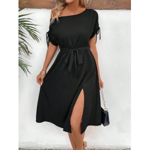 MDB Kadın Tek Omuzu Açık Kol Ucu Fiyonklu Belden Kuşaklı Yırtmaç Detaylı Viskon Elbise