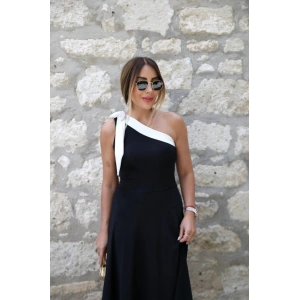 MDB Kadın Tek Omuzu Açık Omuzlardan Kurdela Detaylı çift Renkli Ithal Krep Elbise