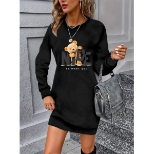 MDB Kadın Uzun Kollu Bisiklet Yaka Ayı Desenli Viskon Iki Iplik Elbise