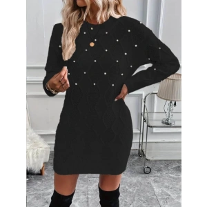 MDB Kadın Uzun Kollu Bisiklet Yaka Desenli Triko Elbise