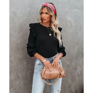 MDB Kadın Uzun Kollu Bisiklet Yaka Omuzları Fırfırlı Triko Bluz