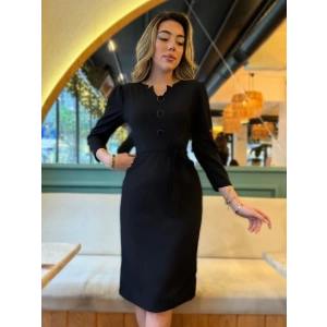 MDB Kadın Uzun Kollu Düğme Detaylı Kendinden Kemerli Ithal Krep Elbise