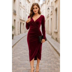 MDB Kadın Uzun Kollu Kruvaze Yaka Belden Büzgü Detay Midi Kadife Elbise