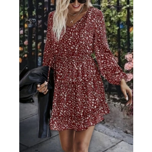 MDB Kadın Uzun Kollu V Yaka Bağcıklı Belden Gipeli çiçek Baskılı Kısa Süprem Elbise