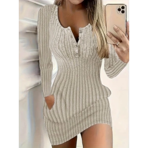 MDB Kadın Uzun Kollu Yakası Açık Düğme Ve Cep Detaylı Kısa şardonlu Kaşkorse Elbise