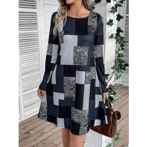 MDB Kadın Uzun Kollu Yuvarlak Yaka Geometrik Süprem Elbise