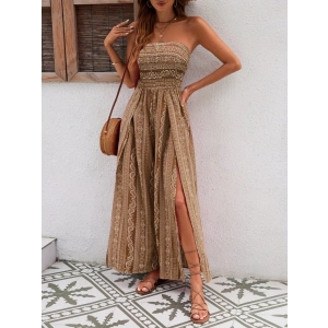 MDB Kadın Yakası Gipe Detaylı önden Yırtmaç Detaylı Desenli Süprem Pantolun Etek Tulum