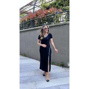 MDB Kadın Yuvarlak Ribana Yaka Beyaz Yırtmaç Detaylı Viskon Tam Boy Elbise