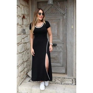 MDB Kadın Yuvarlak Ribana Yaka Beyaz Yırtmaç Detaylı Viskon Tam Boy Elbise