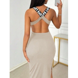 MDB Kadın Yuvarlak Yaka Sırttan çapraz şerit Love Detaylı Yırtmaçlı Viskon Elbise