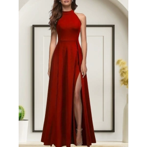 MDB Kadınhalter Yaka Derin Yırtmaç Detaylı Tam Boy Ithal Krep Abiye Elbise