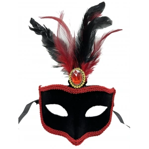 MDB Kırmızı Tüylü Siyah Süet Kaplama Parti Maskesi