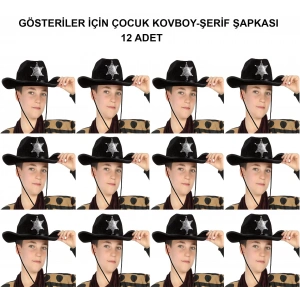 Kovboy Şerif Şapkası Siyah 12 Adet - Kostüm, Parti ve Gösteri Şapkası