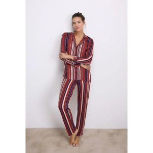 MDB %100 Modal Uzun Kollu Düğmeli Çizgili Pijama Takımı