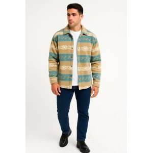 MDB Erkek Desenli Polar Gömlek – Etnik Şerit Desen Yakalı, Uzun Kollu, Düğmeli, Oversize Rahat Kalıp  arı