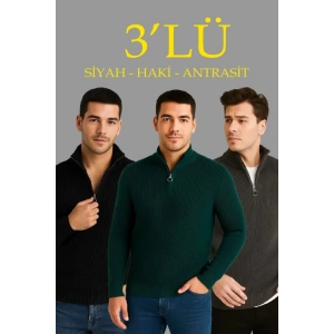 MDB Erkek Fitilli Triko Kazak 3’lü et – Haki, iyah, Antrasit Kalın Dokuma Pamuklu Regular Fit V Yaka Fermuarlı Uzun Kollu Rahat Kışlık Kazak Kombini