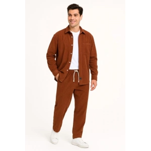 MDB Erkek Kadife Oversize Takım – Gömlek Ve Pantolon İkili et Füme Corduroy Şıklığı, Rahat Ve Zarif Duruş Yumuşak Dokulu Kadife Kumaş, Düğmeli Gömlek Üst Ve astikli Pantolon Alt Parça Ile Gün Boyu Konfor Kiremit