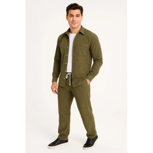 MDB Erkek Kadife Oversize Takım – Gömlek Ve Pantolon İkili et Füme Corduroy Şıklığı, Rahat Ve Zarif Duruş Yumuşak Dokulu Kadife Kumaş, Düğmeli Gömlek Üst Ve astikli Pantolon Alt Parça Ile Gün Boyu Konfor Haki