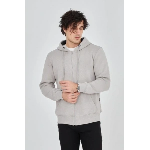 MDB Erkek Kapüşonlu Düz Fermuarlı Hırka  Boyalı Gri