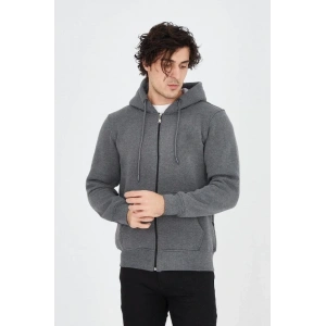 MDB Erkek Kapüşonlu Düz Fermuarlı Hırka  Füme