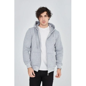 MDB Erkek Kapüşonlu Düz Fermuarlı Hırka  Gri