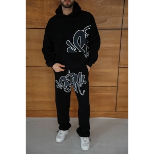 MDB Erkek Kapüşonlu Eşofman Takım Graffiti Baskılı Oversize Rahat Kalıp, Kanguru Cepli, treetwear Tarzında Premium Ürün 3 Iplik Pamuklu  iyah
