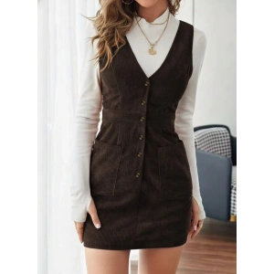 MDB Kadın Askılı V Yakalı önden Düğmeli Mini Kalın Fitilli Kadife Elbise