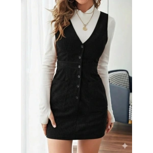 MDB Kadın Askılı V Yakalı önden Düğmeli Mini Kalın Fitilli Kadife Elbise