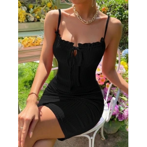 MDB Kadın Askılı Yakası Fırfır Ve Bağlama Detay Kaşkorse Elbise