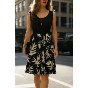 MDB Kadın Askılı Yuvarlak Yaka Düğmeli üst Viskon Alt Desenli Süprem Elbise