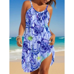 MDB Kadın Askılı Yuvarlak Yaka Kaplumbağa Desenli Süprem Elbise