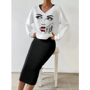 MDB Kadın Askılı Yuvarlak Yaka Viskon Iki Iplik Elbise Ve V Yakalı Bluz Ikili Takım