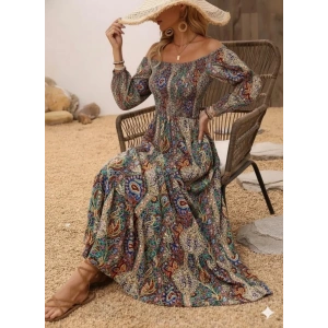 MDB Kadın Düşük Omuzlu Beli Büzgülü Dijital Desenli Kesik Elyaf Süprem Uzun Elbise