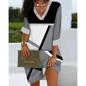 MDB Kadın Fakir Kollu V Dantel Yaka Geometrik Desenli Dalgıç Elbise