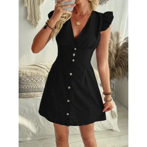 MDB Kadın Fırfır Kollu V Yakalı Düğmeli Keten Elbise