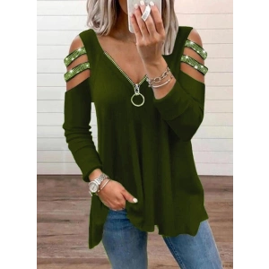 MDB Kadın Haki Kolları Taş Işlemeli Uzun Kol Fermuarlı Viskon Bluz