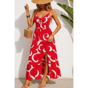 MDB Kadın Ip Askılı Dekolteli Bağcıklı Yırtmaçlı Desenli Süprem Elbise