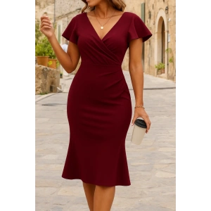 MDB Kadın Kısa Kelebek Kollu Kruvaze Yaka Ithal Krep Midi Elbise